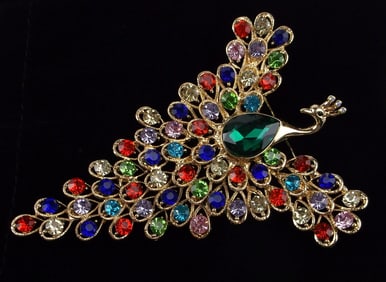 Big Mint Enameled Rhinestone Peacock Brooch