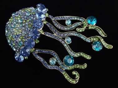 Big Mint Enameled Rhinestone Jellyfish Brooch