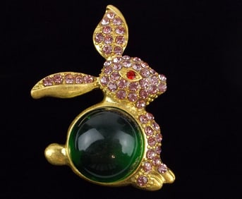 Big Mint Enameled Jelly Belly Rhinestone Rabbit Brooch