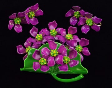 New Vintage 1960s Enameled Flower Brooch Earrings Set