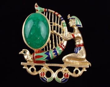 Big Mint Enameled Jelly Belly Rhinestone Egyptian Harp Brooch