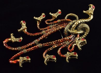 Big Mint Enameled Rhinestone Hydra Multi Snake Brooch