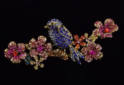 Mint Big Enameled Rhinestone Bird On Branch Brooch