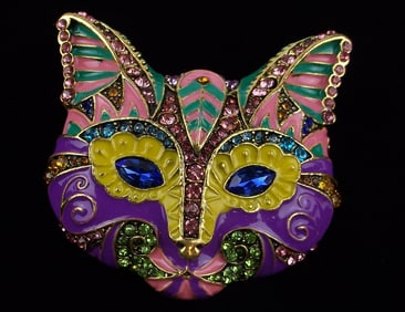 Big Mint Enameled Rhinestone Cat Mask Brooch