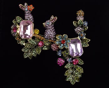 Big Mint Enameled Rhinestone Fairytale Rabbit Brooch