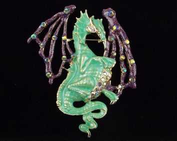 Big Mint Enameled Rhinestone Dragon Brooch