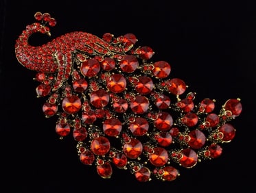 Big Mint Enameled Rhinestone Peacock Brooch