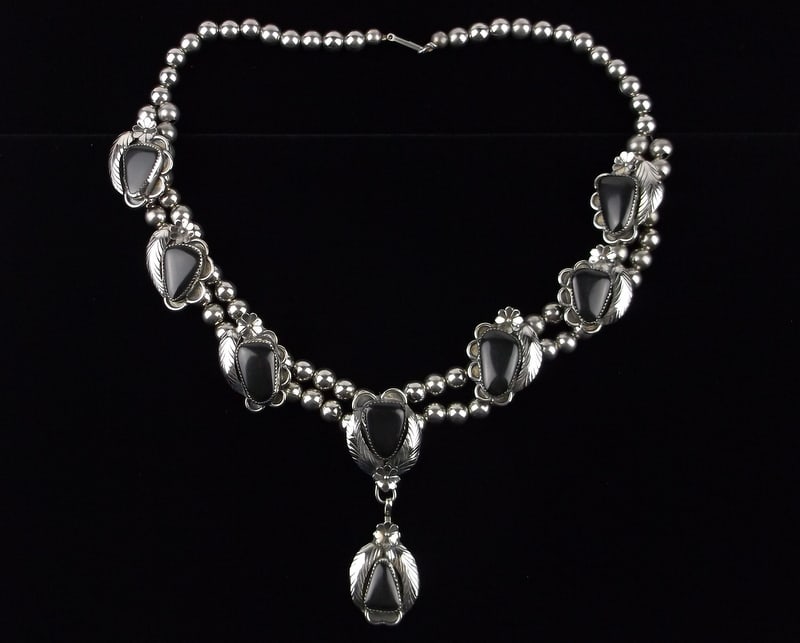 Huge Heavy Navajo Sterling Onyx Squash Blossom Necklace 21" (1 of 6)