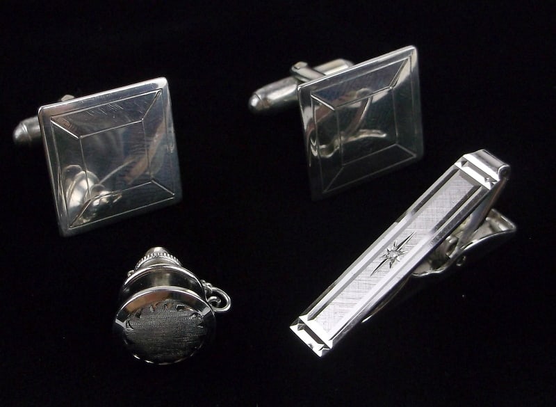 Mint Vint 1960s Sterling Silver Cufflinks Tie Bar Pin Set Heavy (1 of 3)
