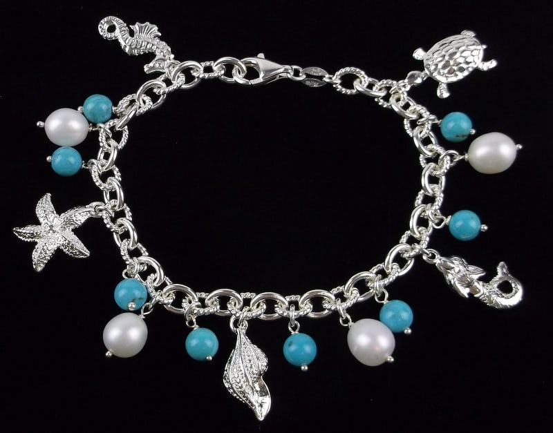 New Heavy Designer Sterling Turquoise Mermaid Bracelet 8" Seahorse (1 of 3)