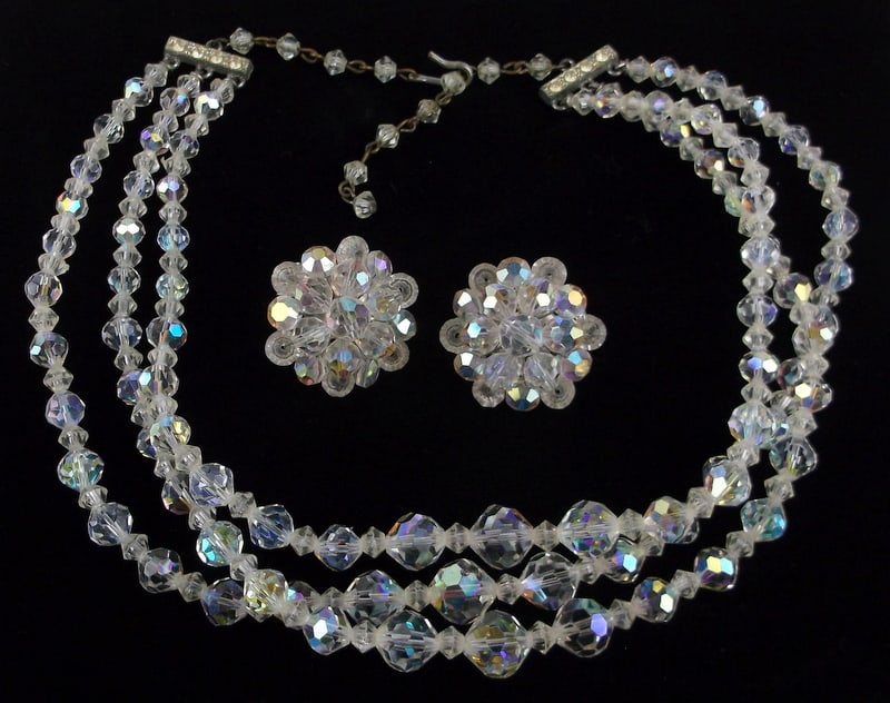 Stunning Vintage 1950s Crystal Necklace Earrings Set 17": excellent condition