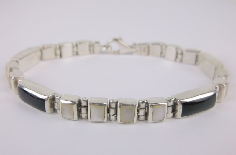 Mint Vintage Thick Sterling Silver Onyx MOP Bracelet 7.5" (1 of 3)