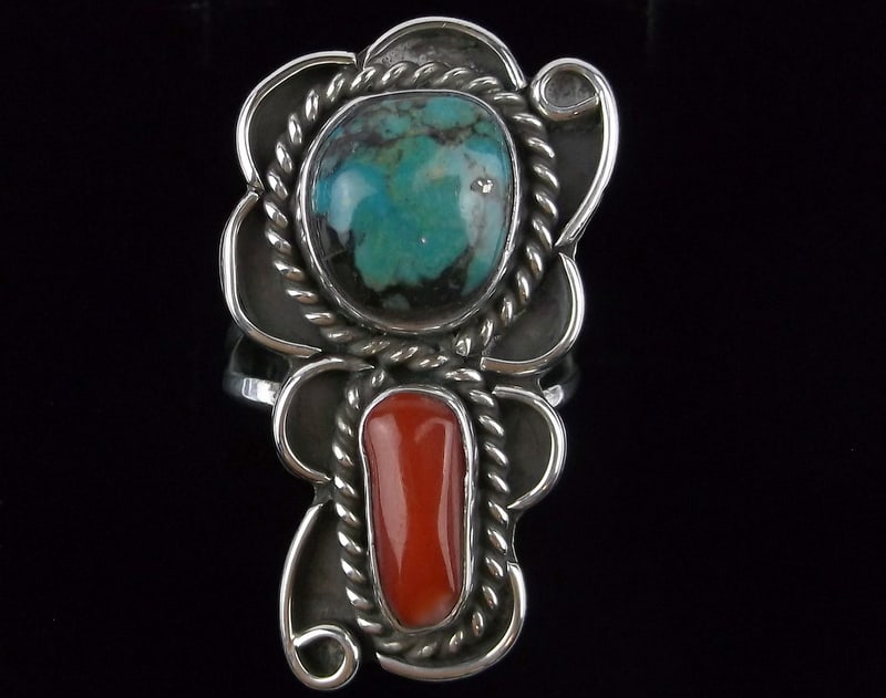 Mint 1960s Navajo Sterling Silver Turquoise Coral Ring 7.5 (1 of 3)