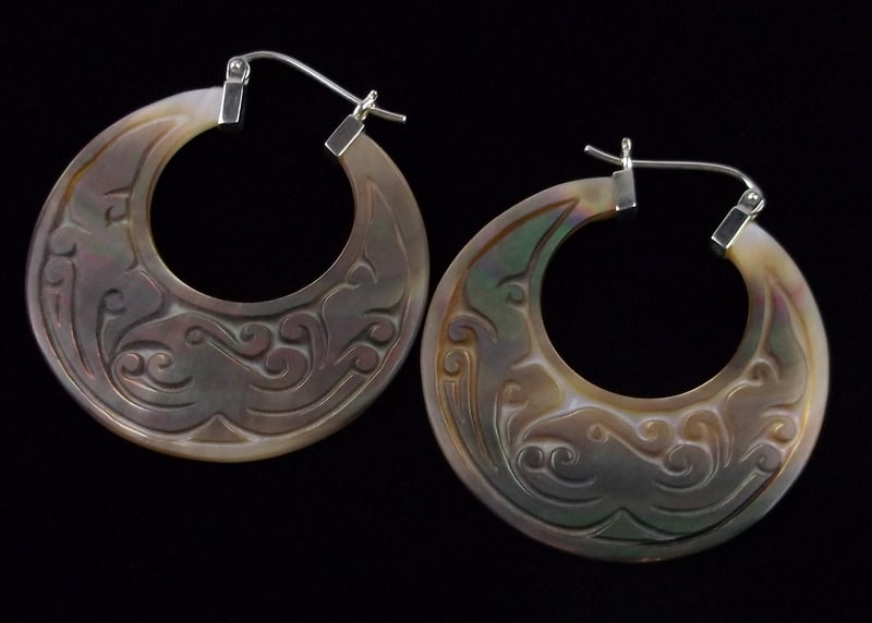 New Designer Sterling Silver Carved Abalone Hoop Earrings: Solid Sterling Silver Guaranteed, in Brand New Never Worn Condition.