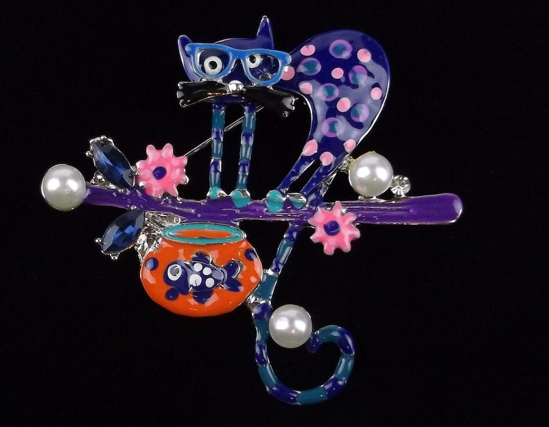 Mint Enameled Cat In Fish Bowl Brooch (1 of 2)