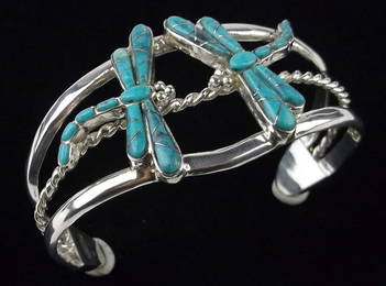 Navajo Wanda Francisco Sterling Turquoise Dragonfly Cuff Bracelet
