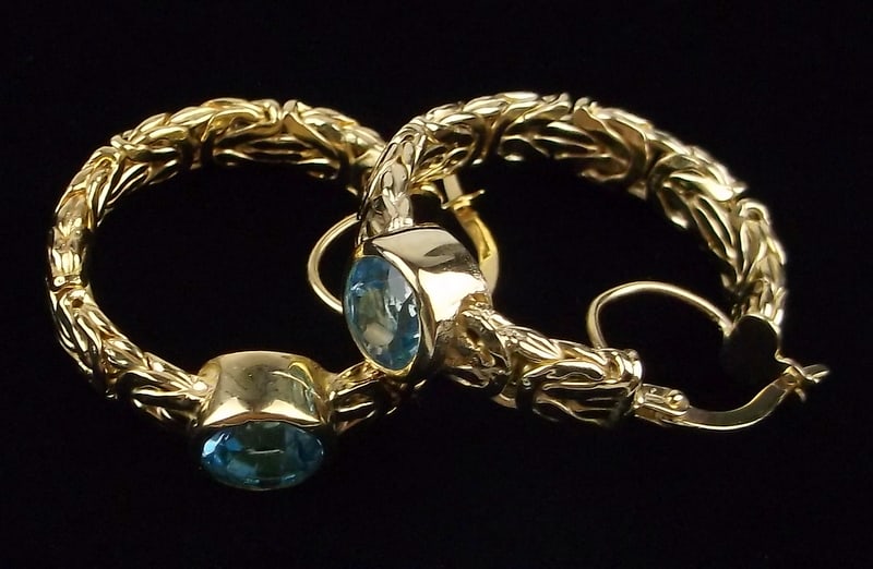 New Designer Gold Over Sterling 2cttw Blue Topaz Hoop Earrings: Solid Sterling Silver Guaranteed, in Brand New Never Worn Condition.