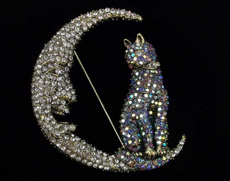 Big Mint Enameled Rhinestone Cat On The Moon Brooch: Mint Condition, In Like New Condition, Perfect