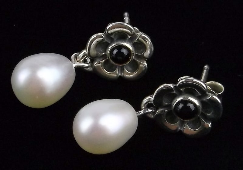 Mint Pandora Sterling Silver Garnet Pearl Drop Earrings (1 of 2)