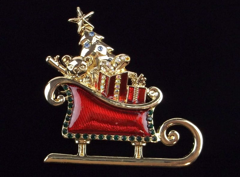 Mint Designer Enameled Rhinestone Christmas Sleigh Brooch (1 of 3)