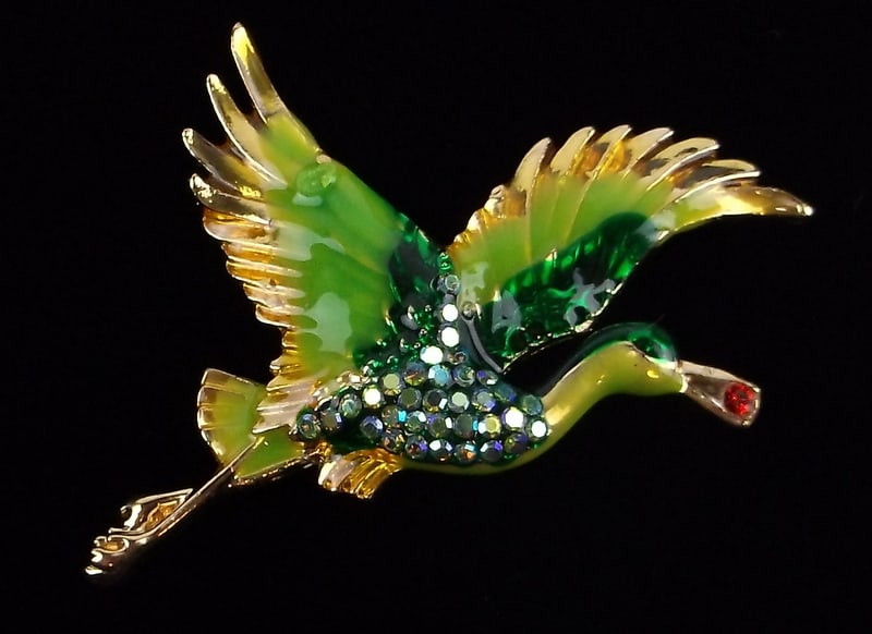 Mint Enameled Rhinestone Crane Bird Brooch: Mint Condition, In Like New Condition, Perfect