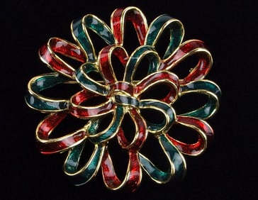 Mint Vint Enameled Rhinestone Christmas Bow Brooch