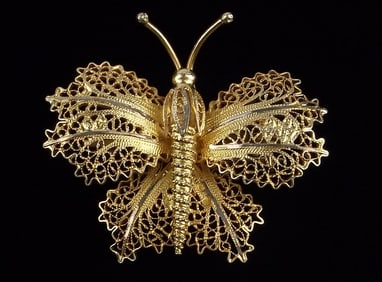 Mint Vint 1960s Gold Over Sterling Filagree Butterfly Brooch
