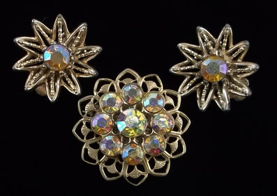 Stunning Vint 1960s Aurora Borealis Rhinestone Brooch Earrings