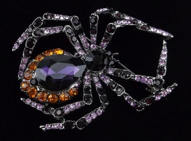 Mint Enameled Rhinestone Spider Brooch