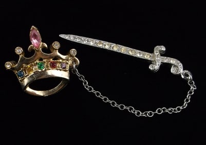 Mint Vintage 1950s Crown Sword Rhinestone Brooch
