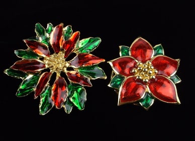 2 Mint Vint Enameled Christmas Poinsettias Brooch Clip Lot