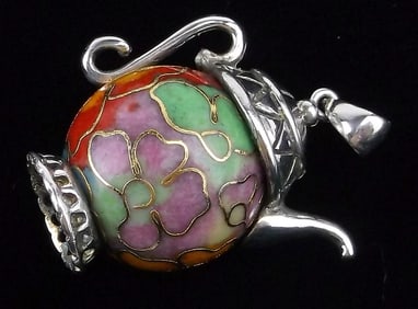 Mint Heavy Sterling Silver Cloisonne Teapot Pendant