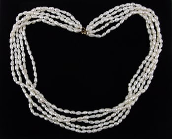 New Boxed 14kt Gold 5 Strand Pearl Necklace 18"