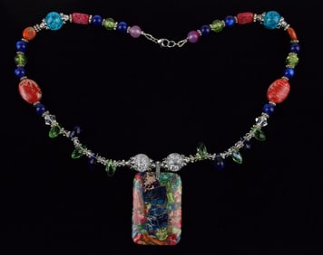 New Vintage Sterling Silver Multi Gem Statement Necklace 19"