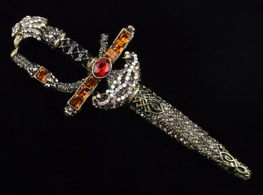 Big Mint Enameled Rhinestone Sword Brooch