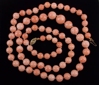 Mint 1950s 14kt Gold Pink Coral Ball Necklace 28"