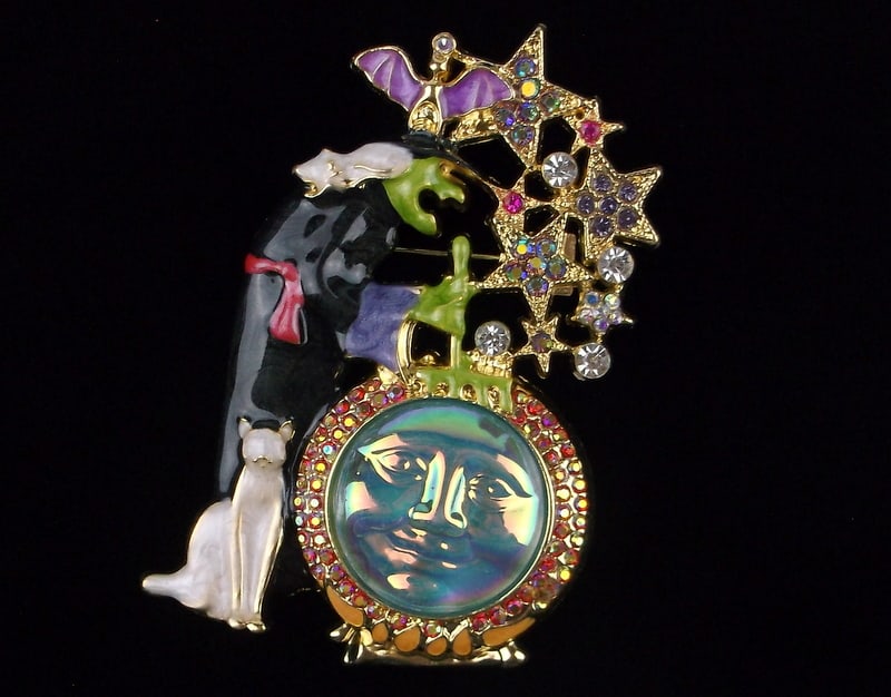 Big Mint Enameled Rhinestone Witch Bat Cauldron Brew Brooch (1 of 2)