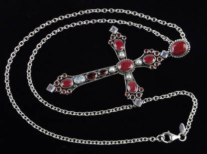 Mint Big Nicky Butler Sterling Ruby Moonstone Cross Necklace 24": Guaranteed Solid 925 Sterling Silver, in Excellent Condition