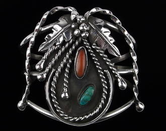 Big Mint 1960s Navajo Sterling Turquoise Coral Cuff Bracelet 7.5"