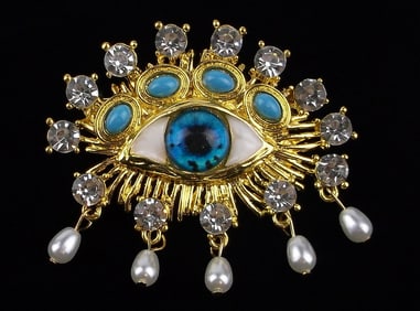 Mint Enameled Rhinestone All Seeing Eye Brooch