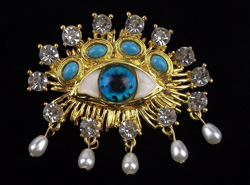 Mint Enameled Rhinestone All Seeing Eye Brooch