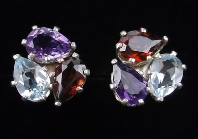 New Vintage Sterling Silver Topaz Amethyst Garnet Earrings