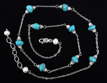 New Vint Designer Sterling Silver Turquoise Pearl Necklace 19"