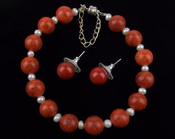 New Vintage Red Coral Pearl Bracelet Earrings Set
