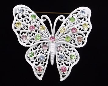 Mint Vintage 1950s Enameled Rhinestone Butterfly Brooch