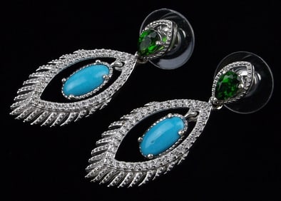New Boxed Designer Sterling Silver Turquoise Emerald Earrings