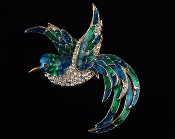 Big Mint Vint Enameled Rhinestone Bird of Paradise Brooch
