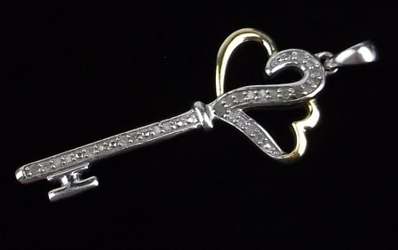 Mint Vint Sterling Silver 10kt Gold Diamond Key Pendant