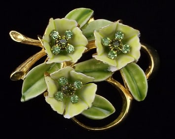 New Vintage 1960s Enameled Rhinestone Flower Brooch