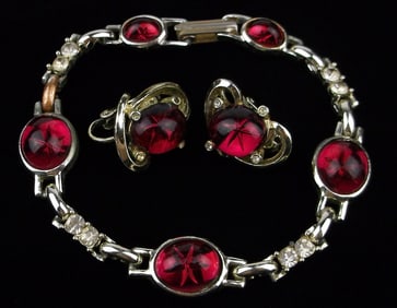 Gorgeous Vint 1950s Jelly Belly Rhinestone Bracelet Earrings 7.5"